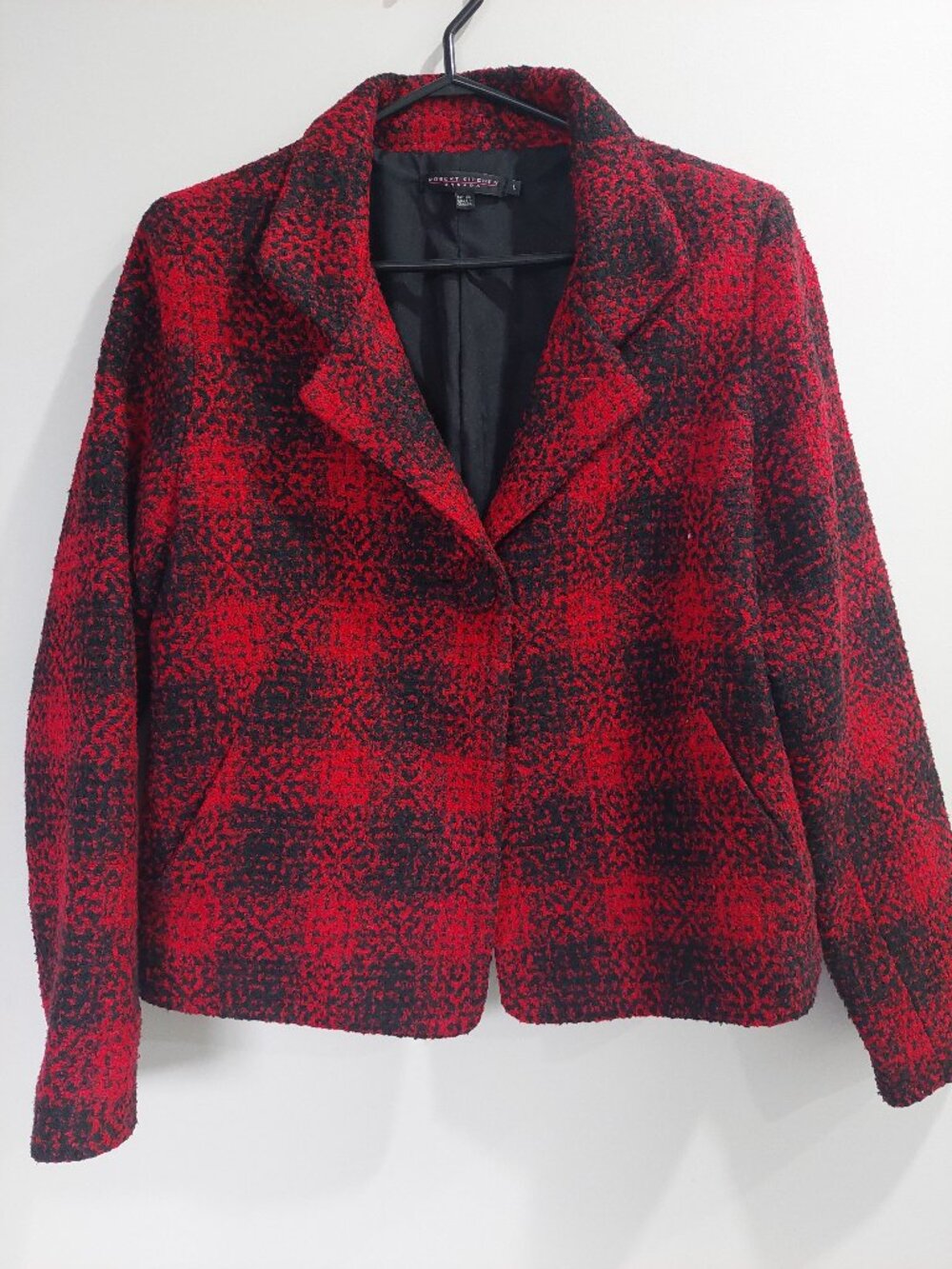 Robert Kitchen Women's Sz L Red Black Plaid Tweed Textured Bouclé Blazer Jacket